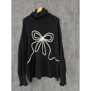 CeCe Sweater Women XL Black Knit Turtle Neck White Bow Casual Winter Oversized